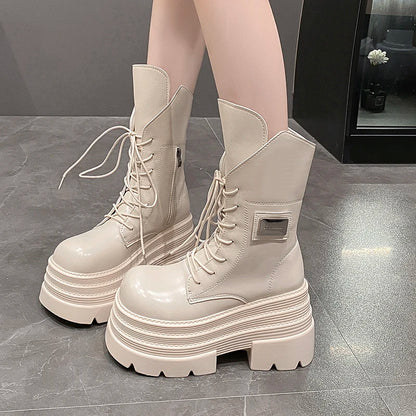 10CM Women's Mid-Calf Boots New Lace-up Patent Leather Chunky Punk Shoes Autumn High Heels Platform Motorcycle Boots For Woman