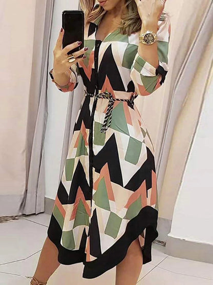 Women Dress Mid Length Dresses Print Plaid Turn Down Collar Full Sleeve A Line Tight High Waist Elegant Splice Summer Vestidos