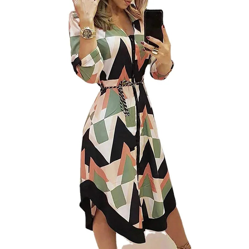 Women Dress Mid Length Dresses Print Plaid Turn Down Collar Full Sleeve A Line Tight High Waist Elegant Splice Summer Vestidos