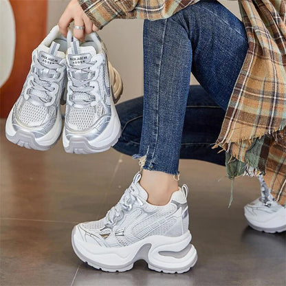 12cm Synthetic Air Mesh Genuine Leather Vulcanize Chunky Sneakers Summer Autumn Leisure Spring Women Platform Wedge Pumps