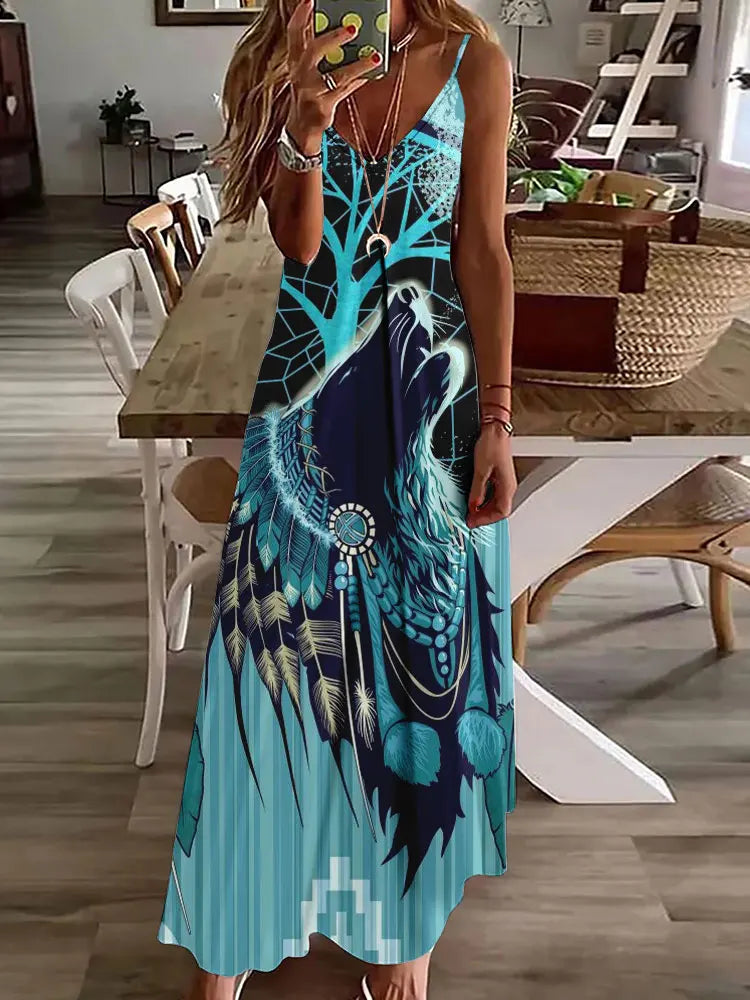 2024 New 3D Owl Vintage Print Sleeveless Vest Long Women's Tribal Pattern Spaghetti Strap Dress Summer Long Loose Vest Dresses