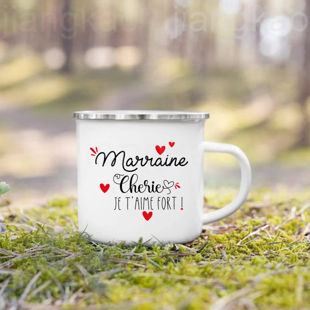 French Marraine Parrain Print Enamel Coffee Mug Drinks Milk Cup Camping Mugs Best Birthday Holiday Gift for Godmother Godfather