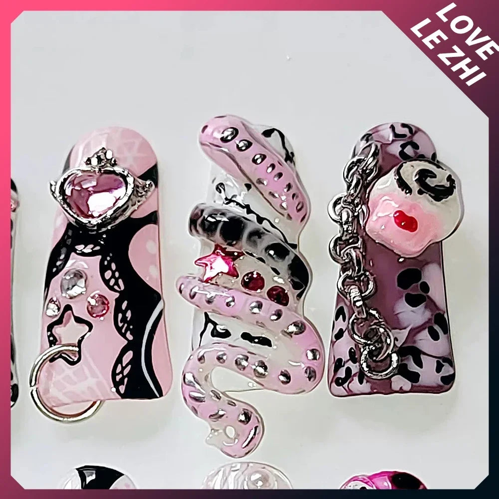 Handmade Y2K Press On Nails 3D Black Powder Small Snakes Duckbill Lace Rhinestone Punk Rivet Beautiful Wearable Fake Nail