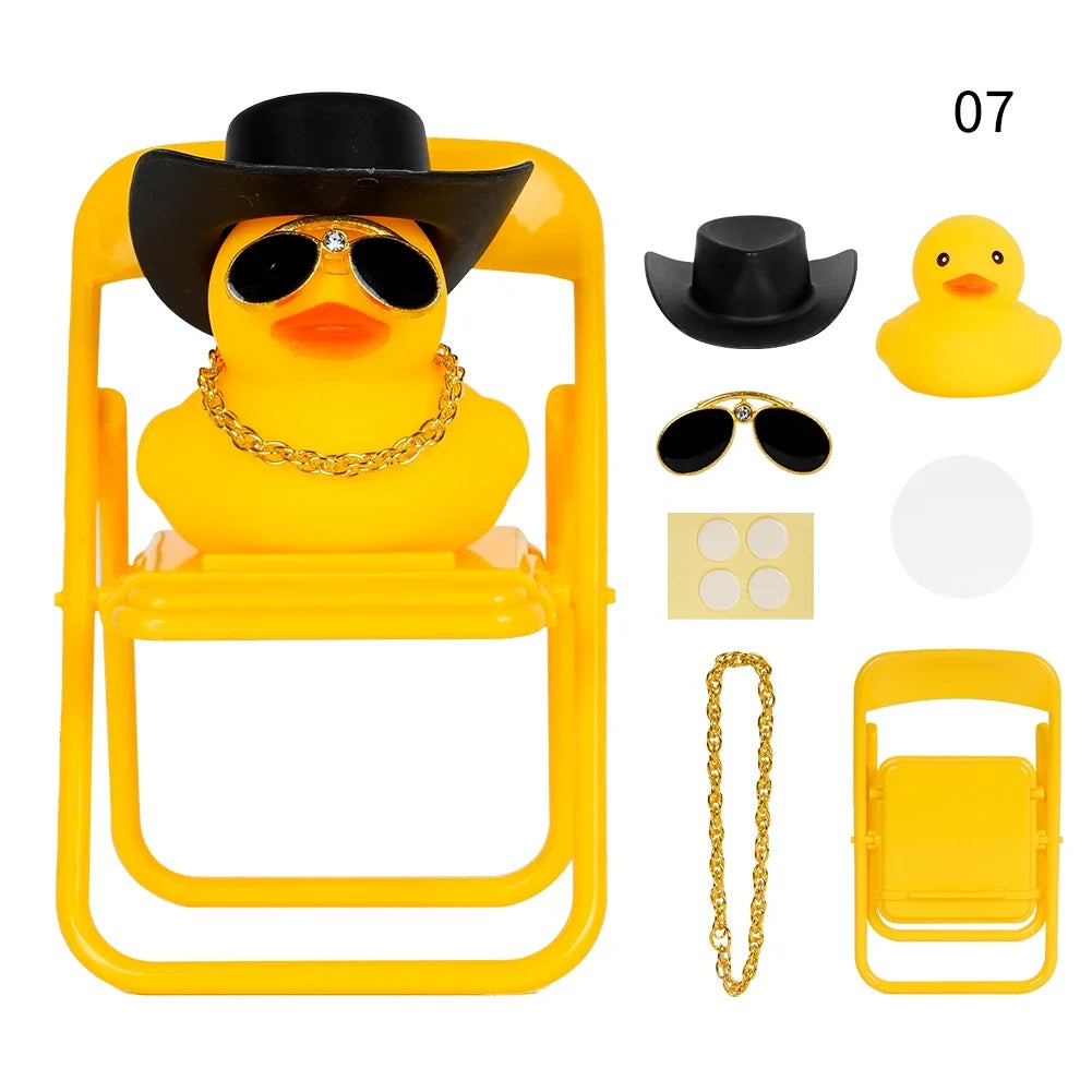 Car Duck Car Rubber Dashboard Decorations Ornament Yellow Duck with Mini Swim Ring Sun Cowboy Hat Necklace for Auto Office