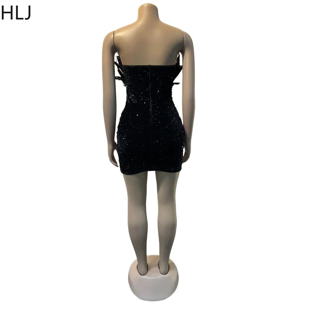 HLJ Black Feathers Sexy Luxury Sequin Tube Dress Backless Mini Bodycon Dresses for Woman Rave Club Birthday Party Night Vestidos