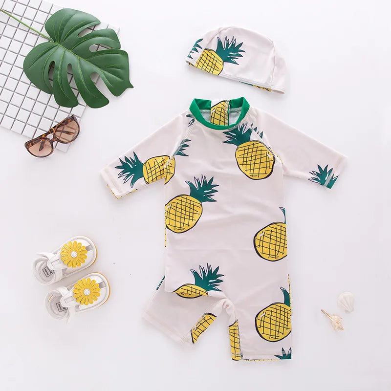 2024 baby boys girls swimwear with cap surfing Wear  swimming suit infant toddler kids children Sunscreen beach bathing Suit