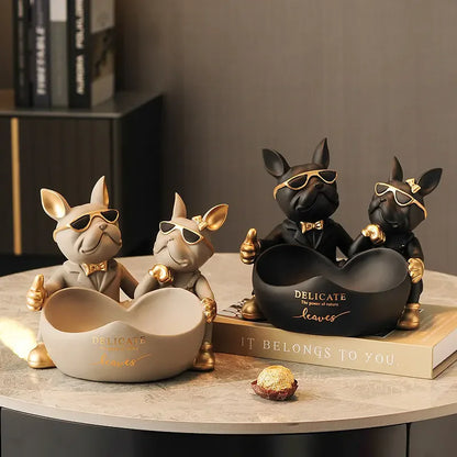 Lovers Bulldog Statue with Bowl Storage Box For Keys Jewelry French Bulldog Figurine Resin Home Décor Table Decoration Sulpture