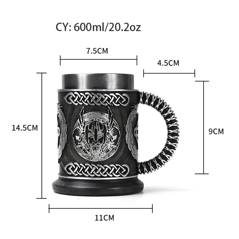 Nordic Mythology Beer Glass Odin Resin Stainless Steel Mug God of War Beer Steins Tankard Coffee Cup Tea Tumbler Drinkware Decor