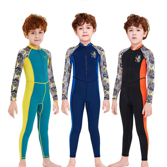 One-Piece Children Swimsuits Kid Swimwear Boys Long Sleeve Sun Protection (including swimming caps)