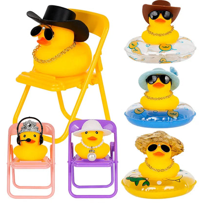 Car Duck Car Rubber Dashboard Decorations Ornament Yellow Duck with Mini Swim Ring Sun Cowboy Hat Necklace for Auto Office