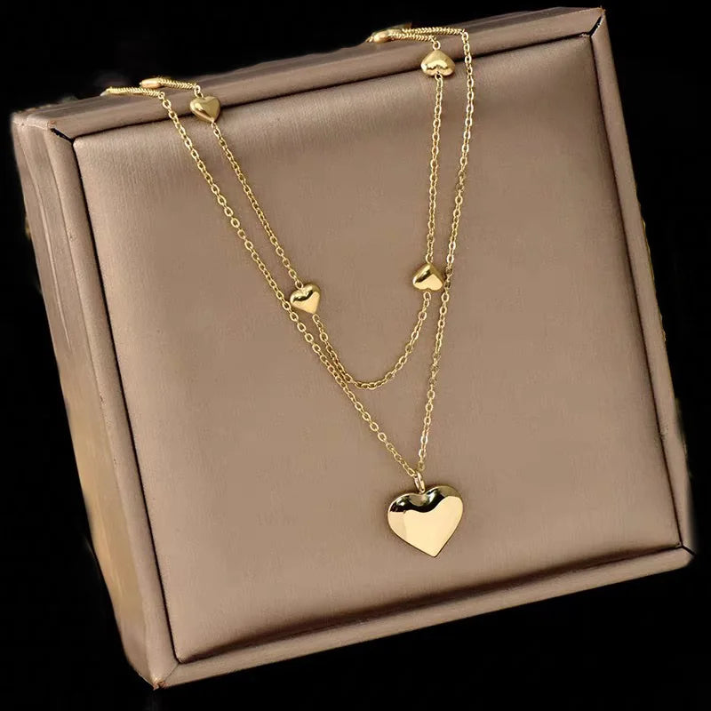 316L Stainless Steel New Fashion Fine Jewelry 2 Layer Lovers Many Love Heart Charms Chain Choker Necklaces & Pendants For Women