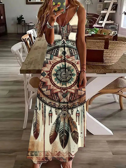 2024 New 3D Owl Vintage Print Sleeveless Vest Long Women's Tribal Pattern Spaghetti Strap Dress Summer Long Loose Vest Dresses