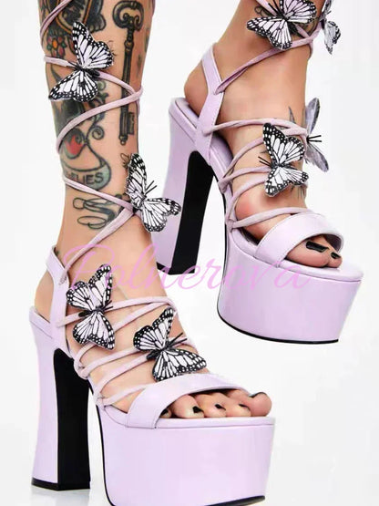 Purple Butterfly Lace-Up Sandals Women Platform Sliver Black Diamonds Decorated Heels Square Heel Sandalias De Mujer Verano 2024