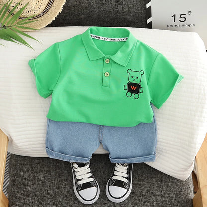 0-5 Year Old Baby Boy Summer Simple Clothes Set Children's Fashion Cartoon Robot Polo Shirt + Denim Shorts 2-Piece Suits