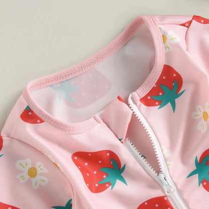 2024 Infant Baby Girl Summer Outfits Flamingo/Flower Print Long Sleeve Zipper Swimwear Jumpsuit Headband Girls Bathing Suits