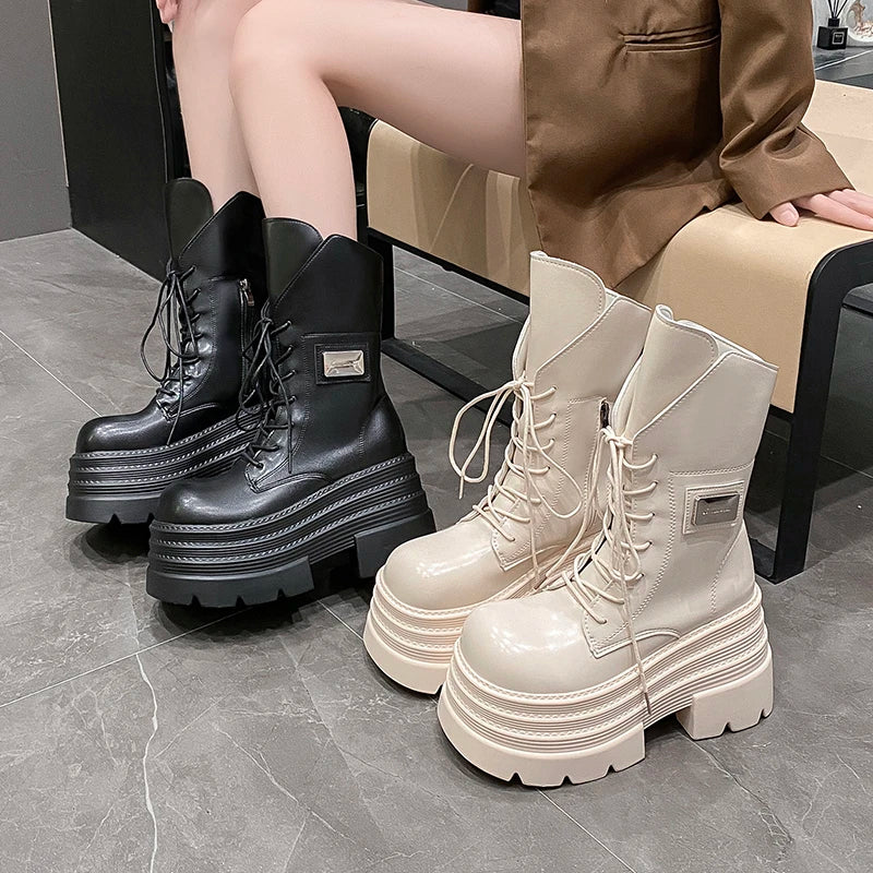 10CM Women's Mid-Calf Boots New Lace-up Patent Leather Chunky Punk Shoes Autumn High Heels Platform Motorcycle Boots For Woman