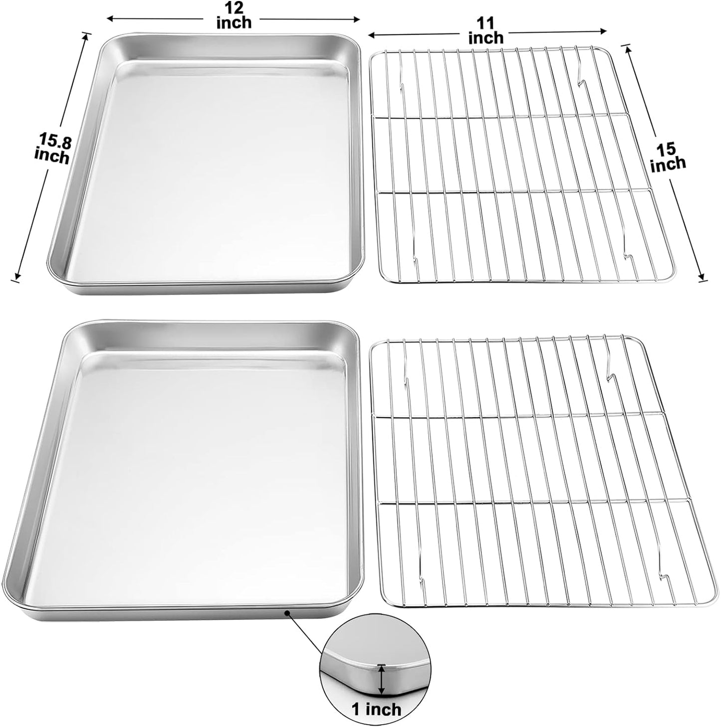 Baking Sheet with Rack Set (2 Pans + 2 Racks), Stainless Steel Baking Pan Cookie Sheet for Baking, Non Toxic & Healthy, Easy Clean & Dishwasher Safe - 4 Pack