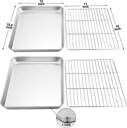 Baking Sheet with Rack Set (2 Pans + 2 Racks), Stainless Steel Baking Pan Cookie Sheet for Baking, Non Toxic & Healthy, Easy Clean & Dishwasher Safe - 4 Pack