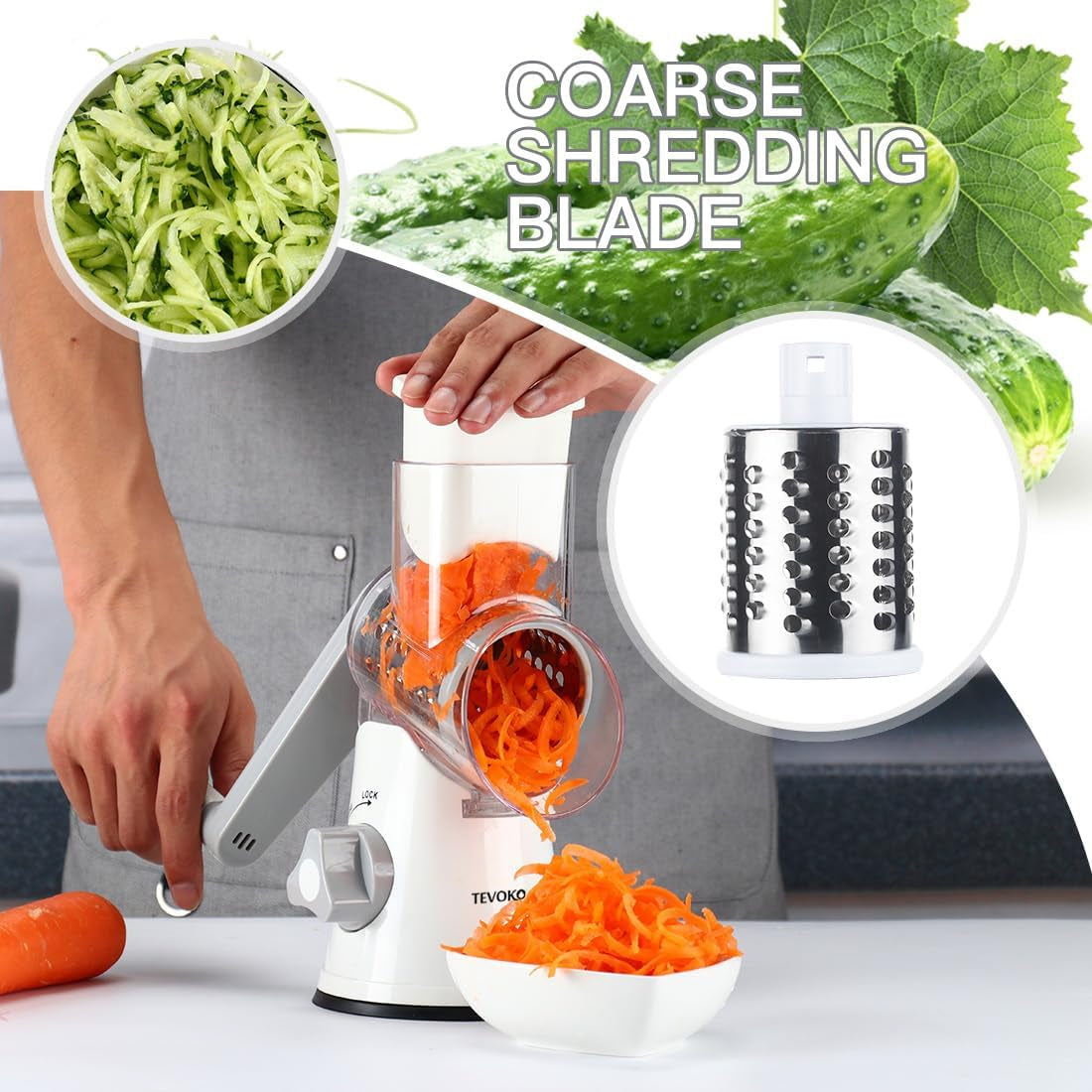 Cheese Grater Rotary Cheese Grater 3 Multi Blade Cheese Shredder Manual Vegetable Slicer with Non-Slip Suction Base Nuts Grinder Vegatable Shredder with Brush Peeler White