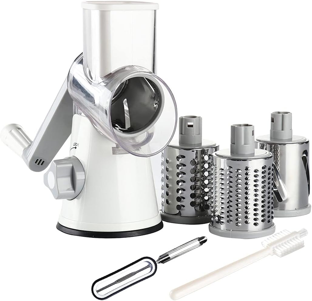 Cheese Grater Rotary Cheese Grater 3 Multi Blade Cheese Shredder Manual Vegetable Slicer with Non-Slip Suction Base Nuts Grinder Vegatable Shredder with Brush Peeler White