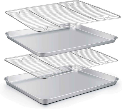 Baking Sheet with Rack Set (2 Pans + 2 Racks), Stainless Steel Baking Pan Cookie Sheet for Baking, Non Toxic & Healthy, Easy Clean & Dishwasher Safe - 4 Pack