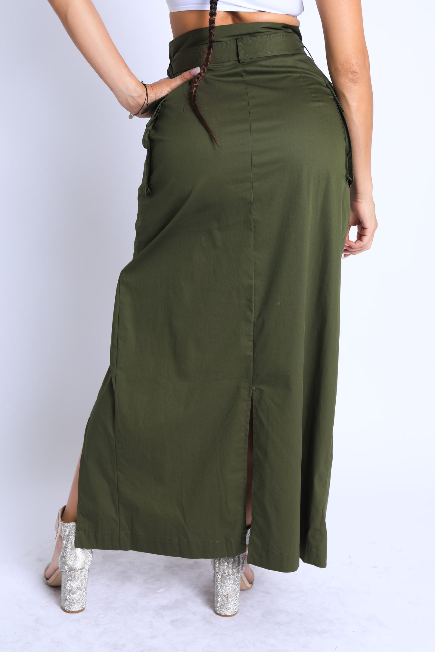 Asymmetric Self Belted Pockets Detailed Maxi Skirt Formal Casual