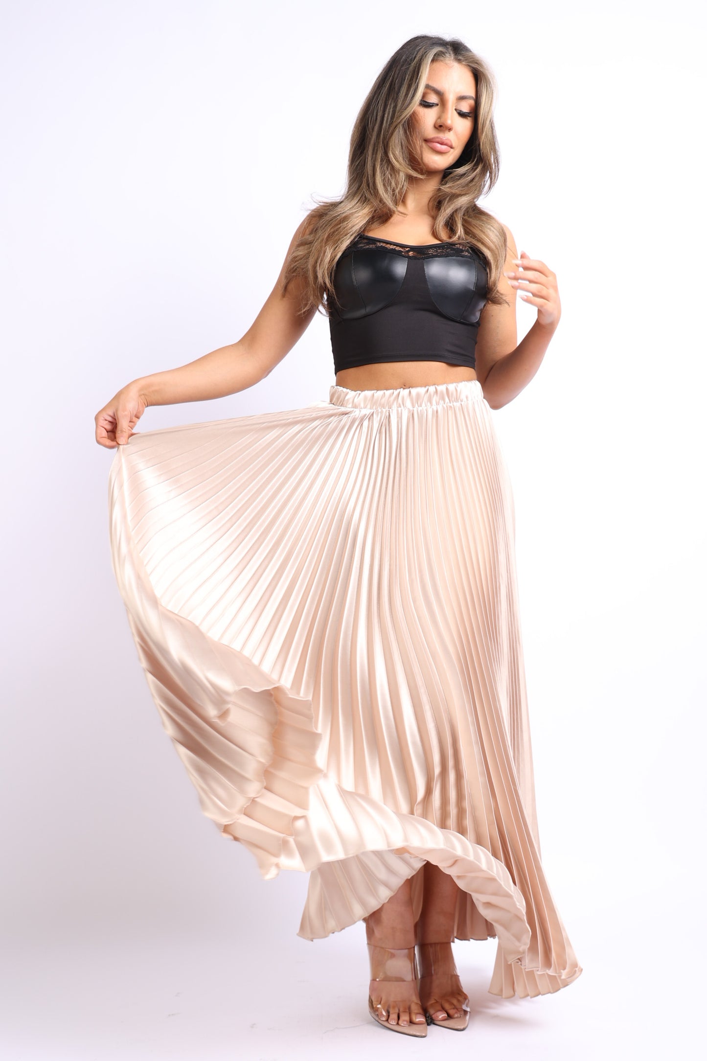 Elastic High Waist A-Line Pleated Satin Maxi Skirt TAUPE