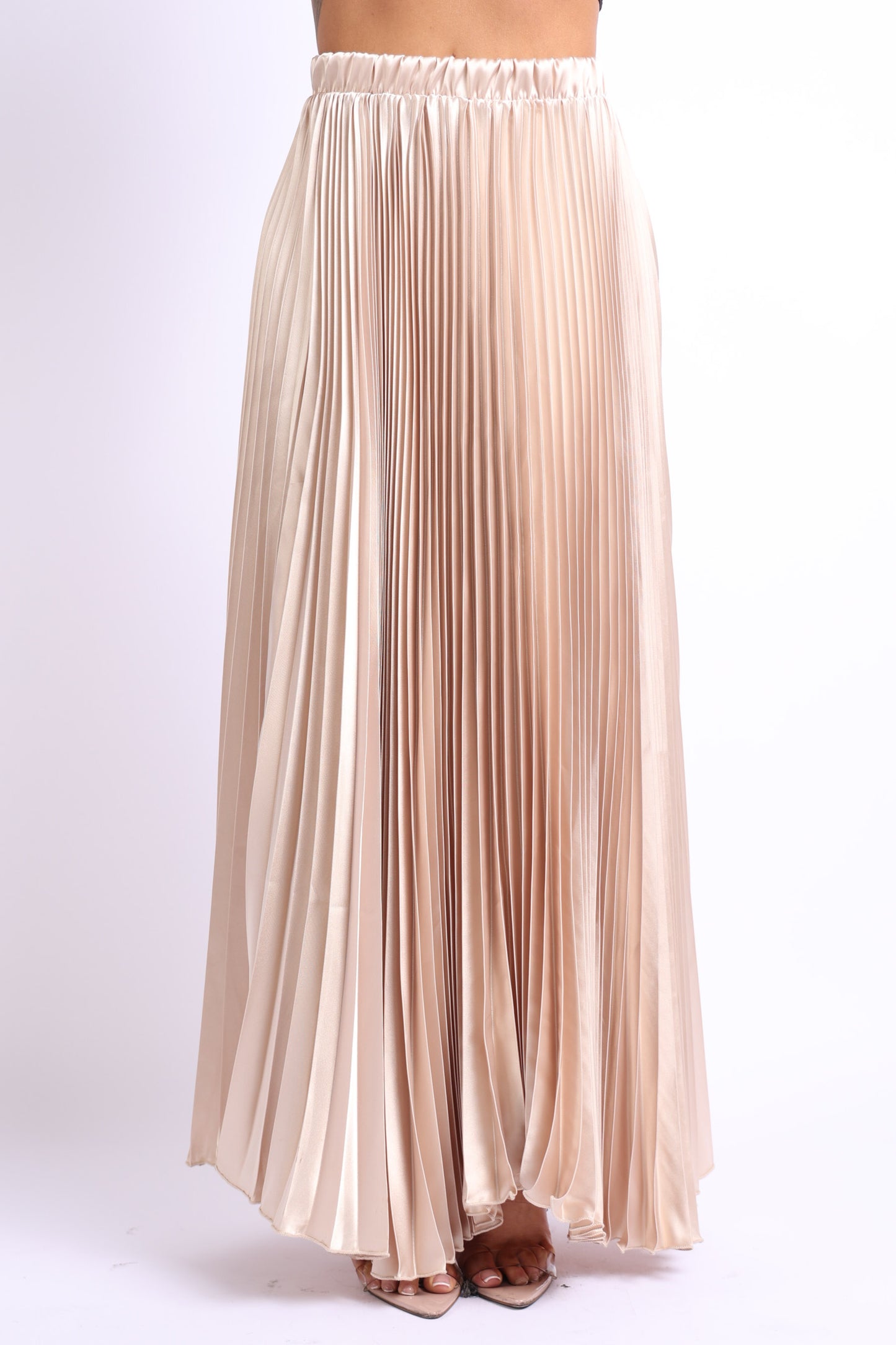 Elastic High Waist A-Line Pleated Satin Maxi Skirt TAUPE